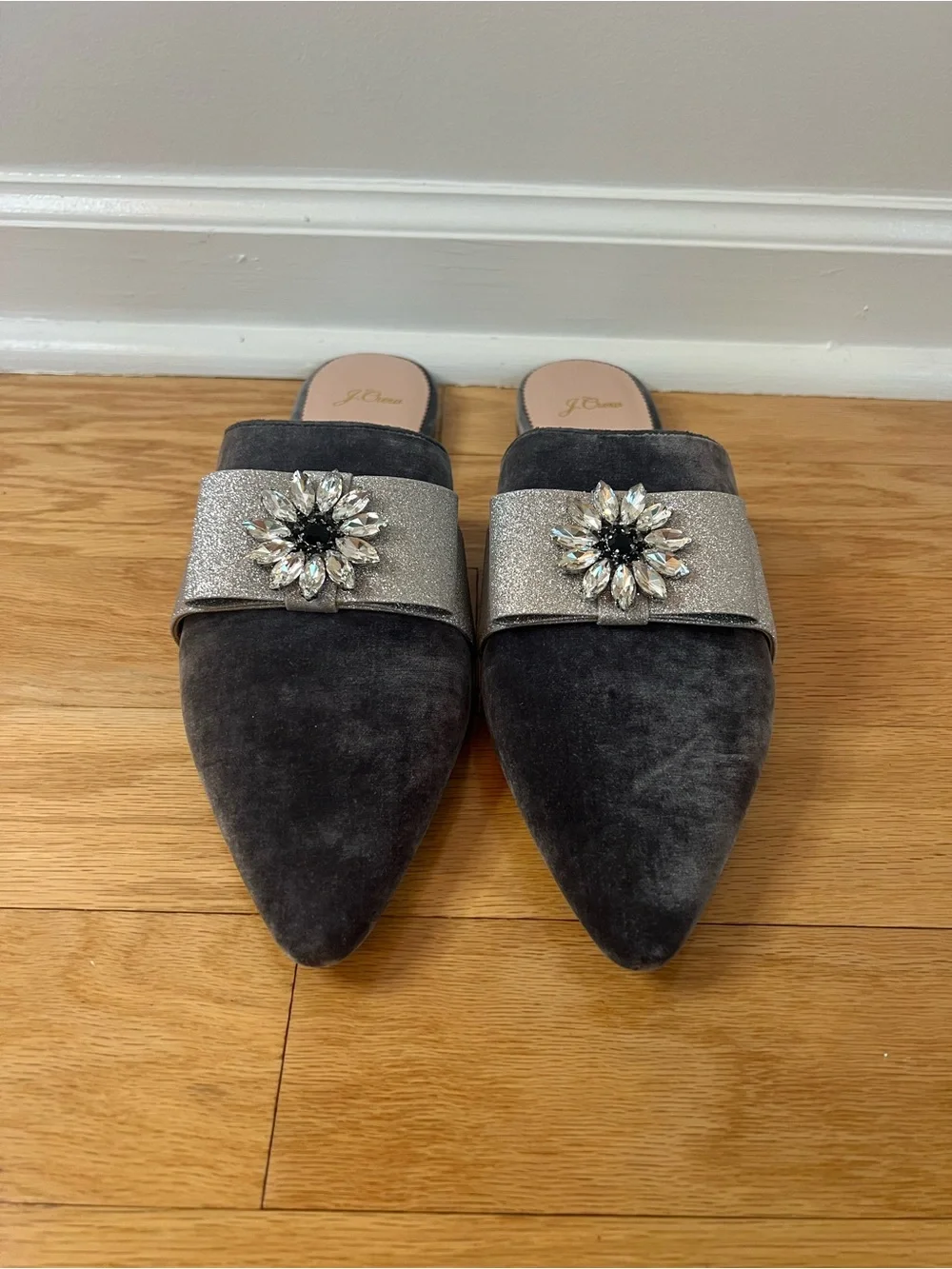NWOT J.Crew Marina Velvet Jeweled Bow Mule Slides in Grey